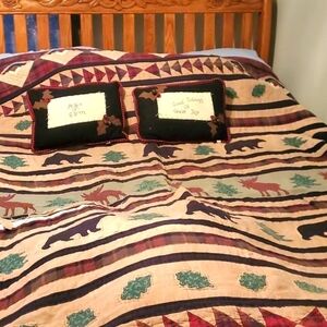 Vintage Northwoods Deer Beer Reversible Quilted Queen, King 100"x 90" Comforter
